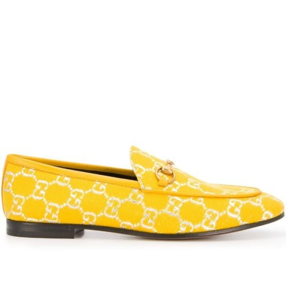 NIB! Gucci Jordaan Yellow Metallic GG Loafers